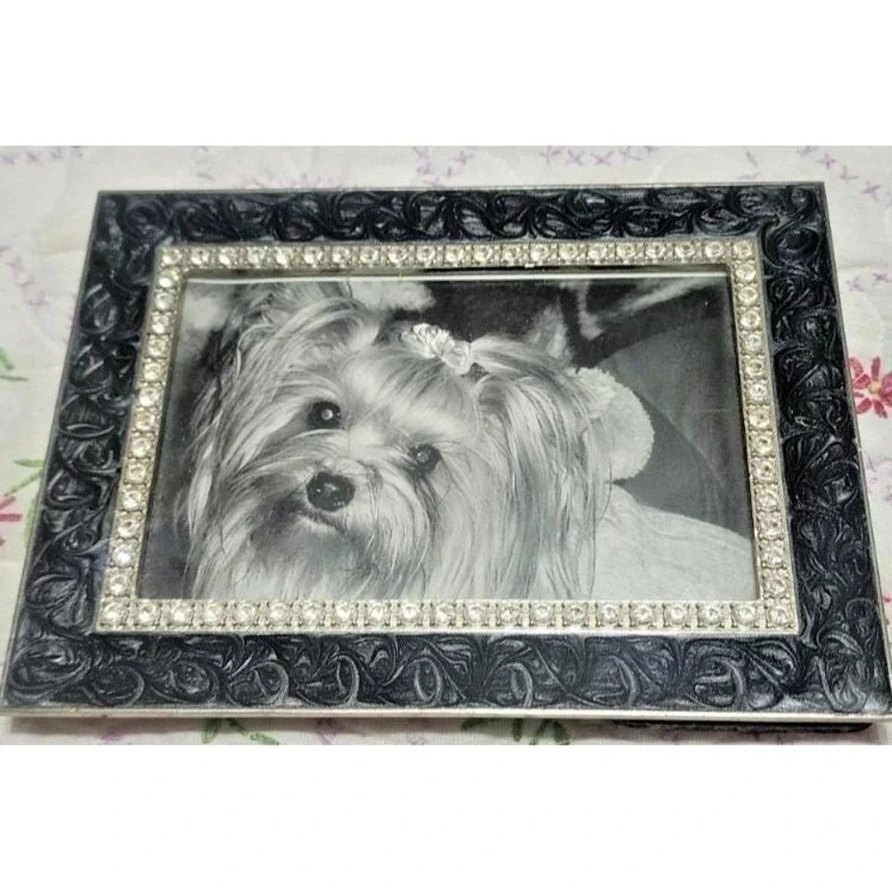 Black Scrollwork Rhinestone Picture Frame‎ 4x6 Tabletop Decorative Silver Trim